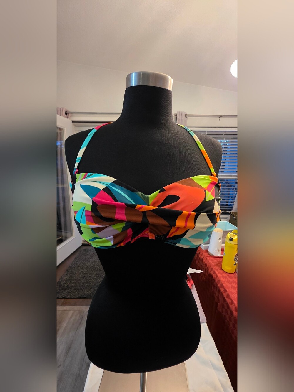 Bar III Twist Front Bandeau Bikini Swim Top Multicolor Abstract Print Tie Back